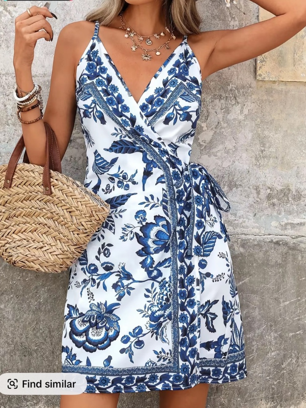 White & Blue Floral Wrap Mini Dress